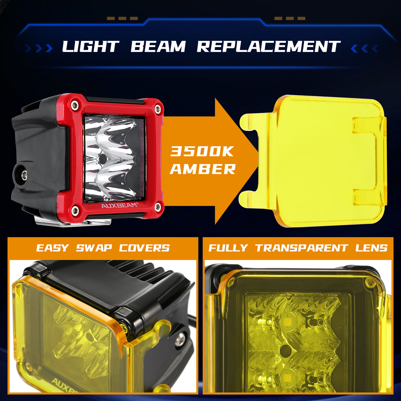 2x AUXBEAM 3″ Amber Yellow Led Light Covers For Led Pods Square Lights Driving