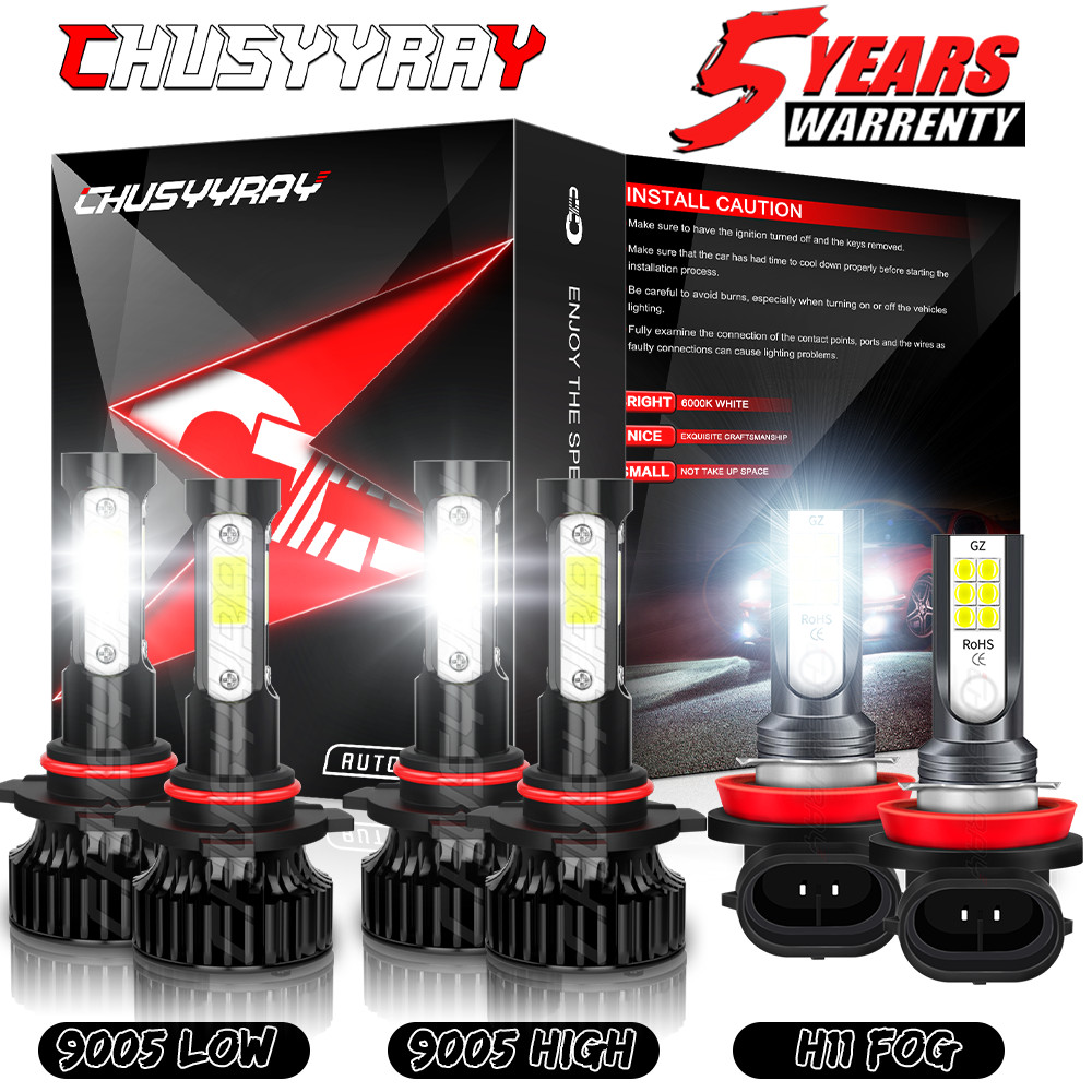 9005 H11 LED Headlights High Low Beam + Fog Lights Bulbs Kit Pure White Bright