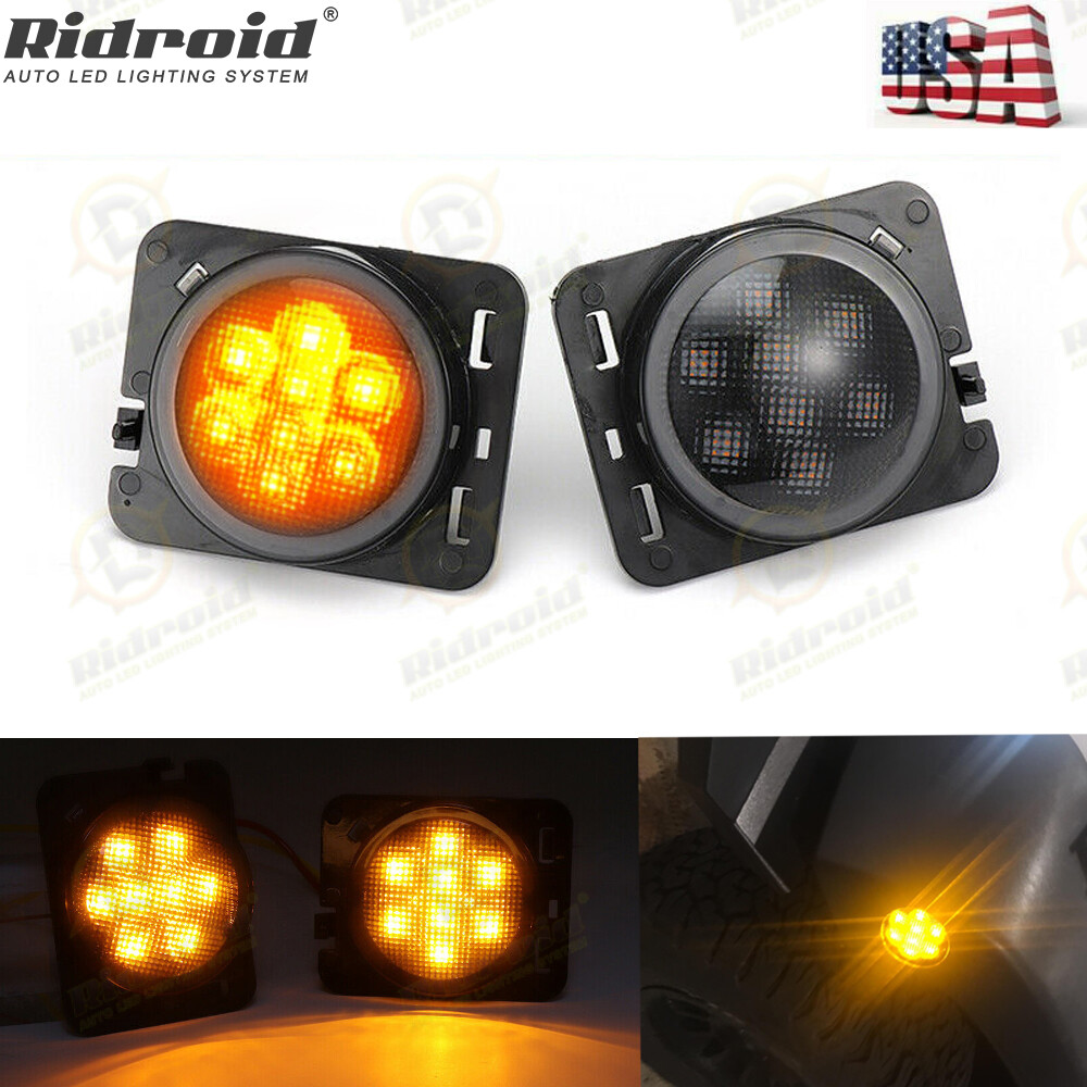 LED Side Marker Fender Lights Amber Smoked Lens For Jeep Wrangler JK 2007-2018