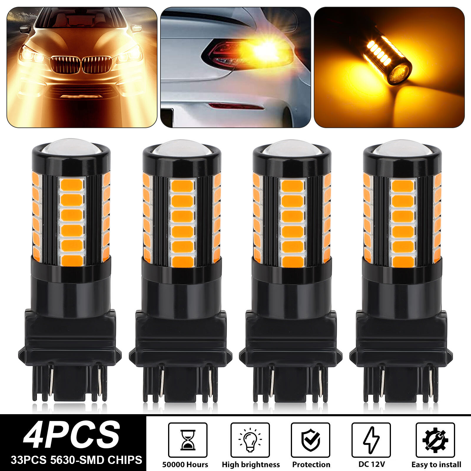 4Pcs 3157 3156 Yellow Amber LED DRL Turn Signal Parking Light Bulbs 4157na 3457a