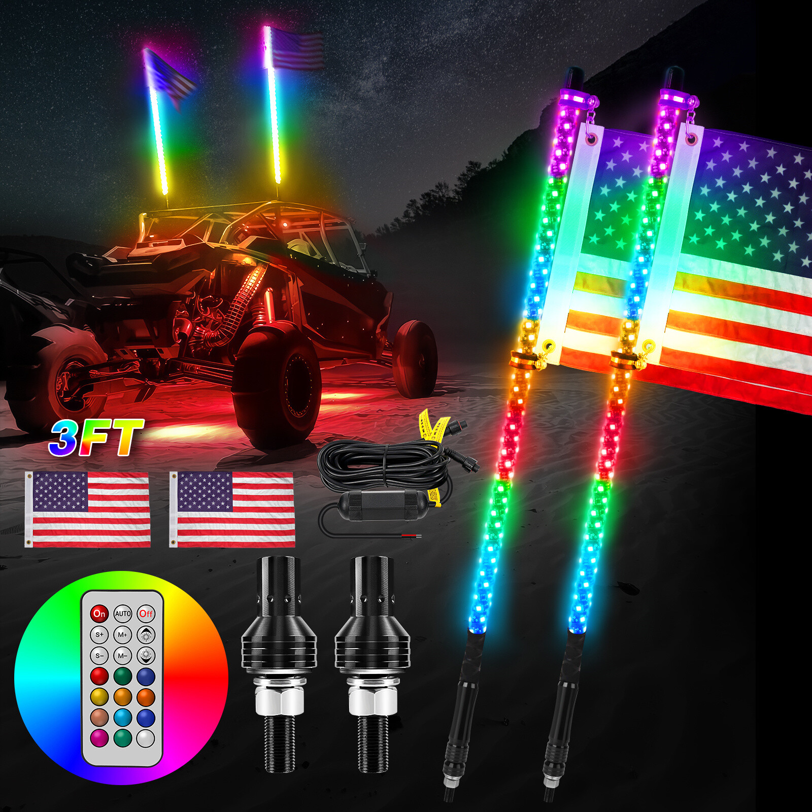1Pair 3ft/4ft RGB-IC LED Whip Lights 360° Antenna Flow Lamp w/Remote For UTV ATV