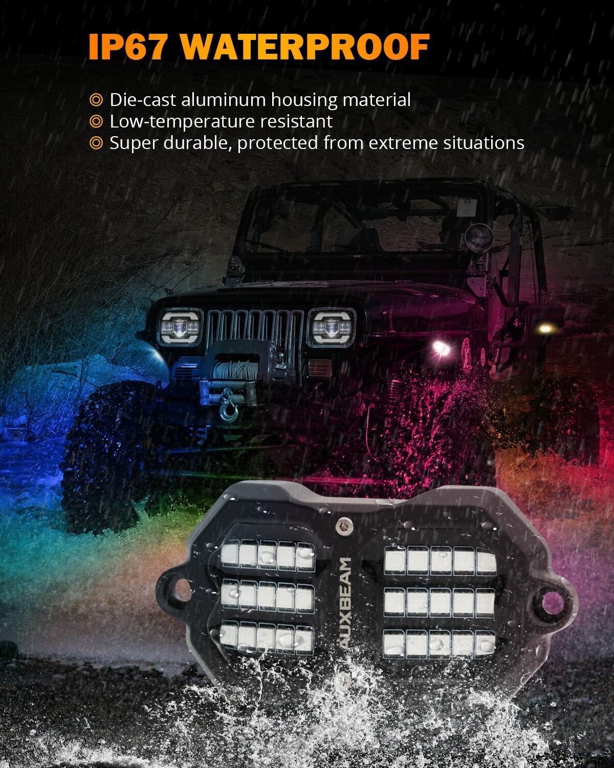AUXBEAM For Jeep Wrangler JKU JK 4 Pods RGB LED Neon Rock Lights Underbody 48W
