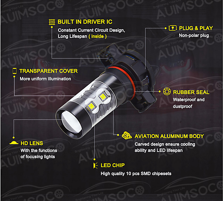 H16/5202 LED Fog Light Bulb High Power 200W Lamps 6000K White Super Bright 2Pcs