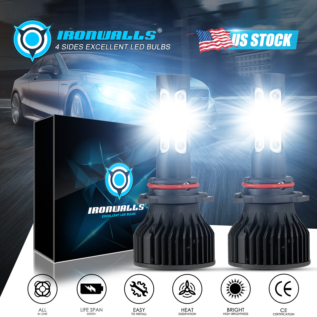 4 Sides 9005 HB3 Car&Truck LED Headlight Bulb High Beam 6000K Super Bright White