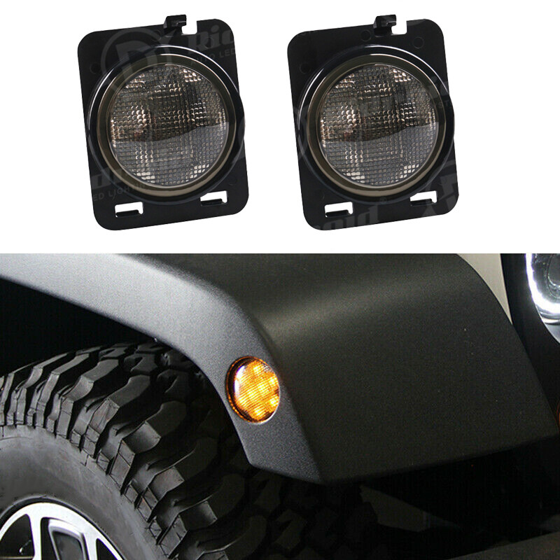 LED Side Marker Fender Lights Amber Smoked Lens For Jeep Wrangler JK 2007-2018