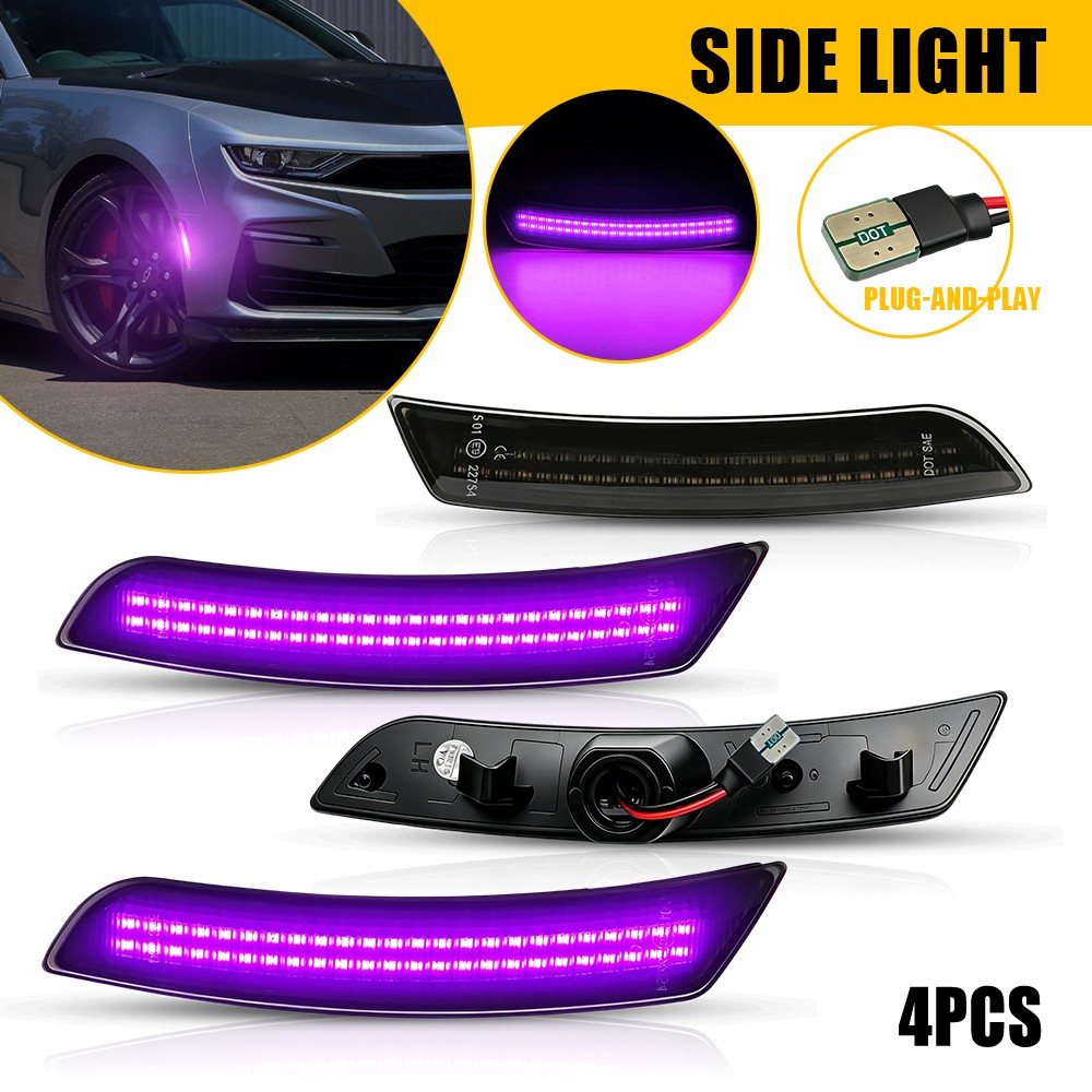 4PC Purple Smoked LED Fender Side Marker Light 23169182 For 16-2023 Chevy Camaro