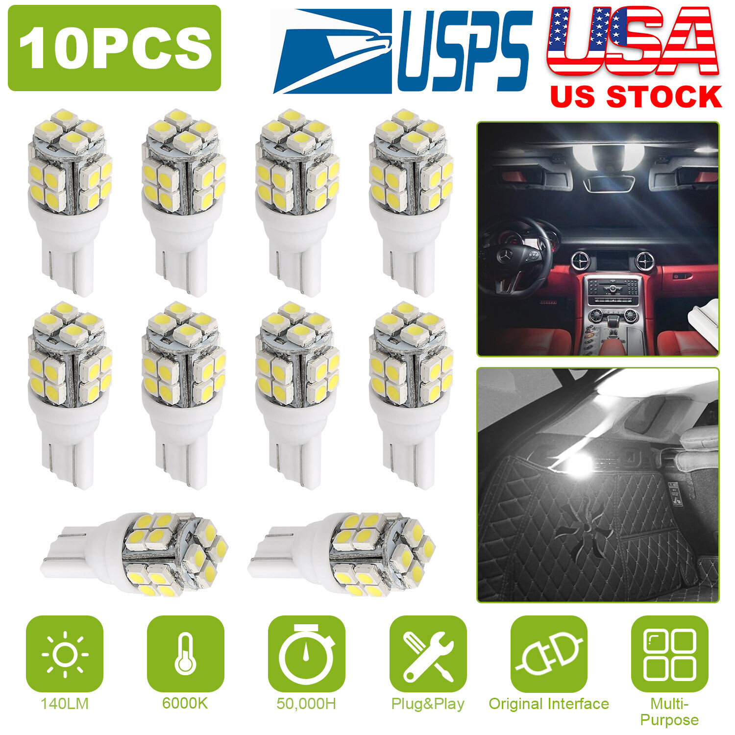 10Pcs T10 LED Light Bulb Wedge Base Interior Dome Map License LED Lights 6000K