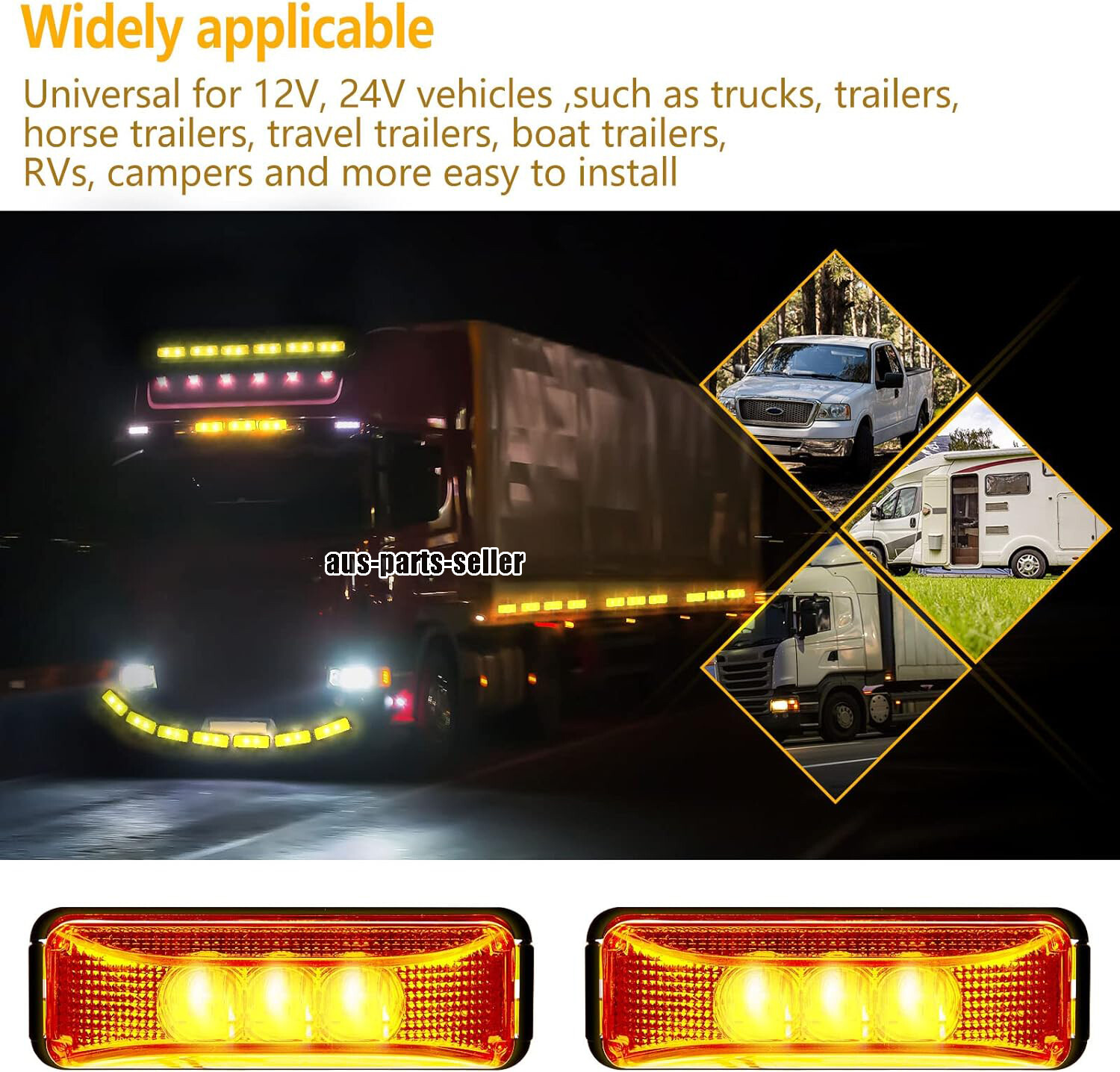 2x 4″ Amber 3-LED Side Marker Lights RV Truck Trailer Clearance Light Waterproof
