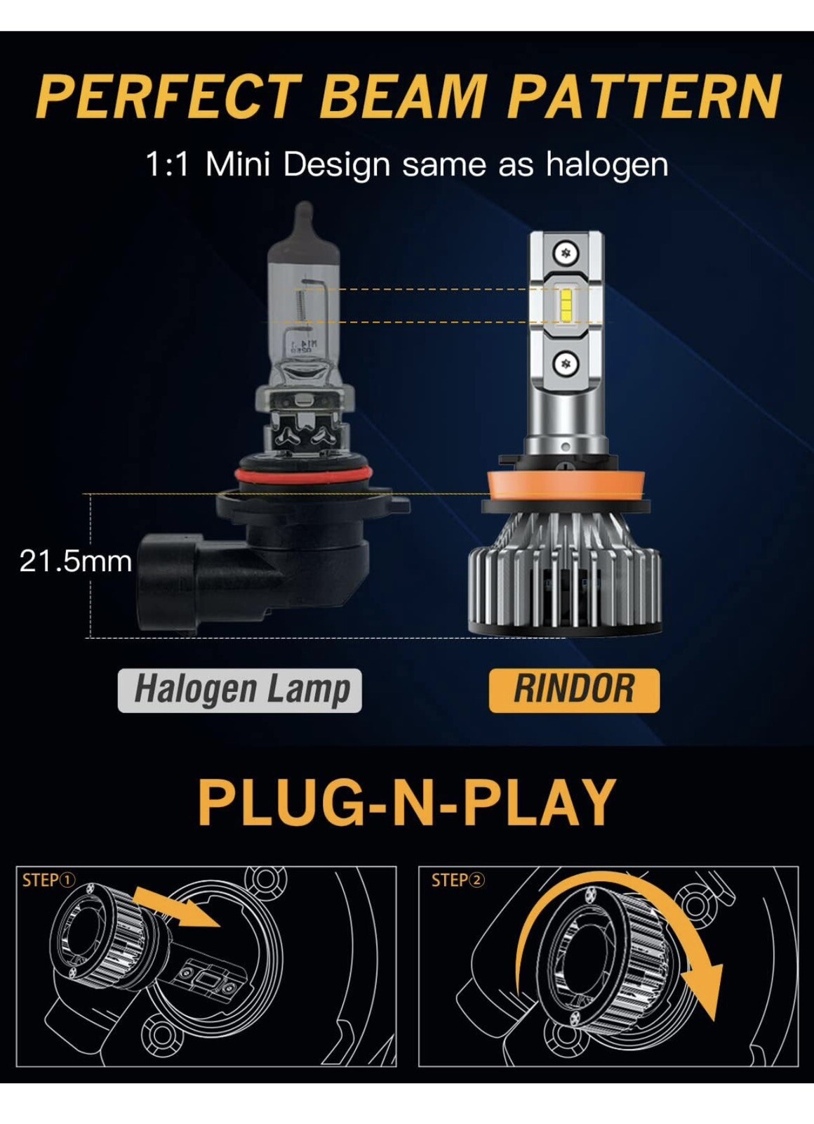 Rindor H11/H9/H8 Low Beam 9005/HB3 High Beam LED Headlight Bulb Combo Kit 4 Pack