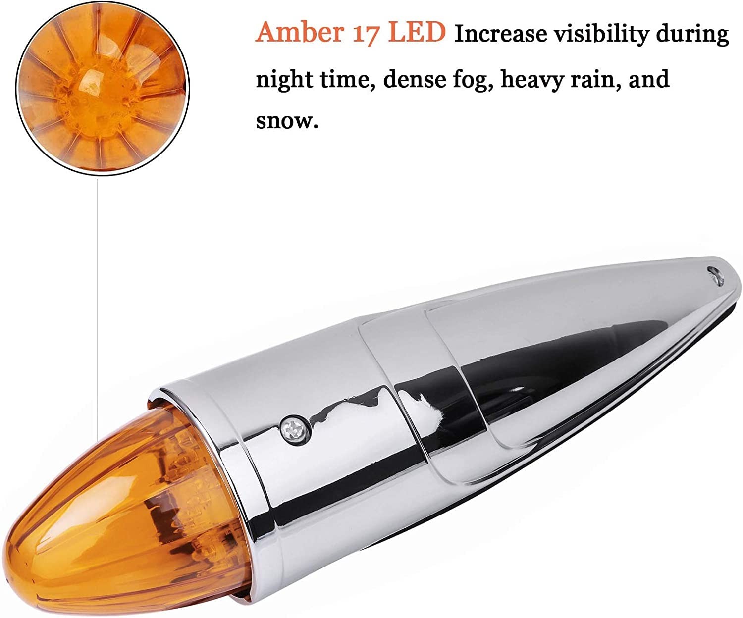 5x 17 LED Amber/Clear Lens Torpedo Cab Marker Roof Running Top Lights Chrome 12V