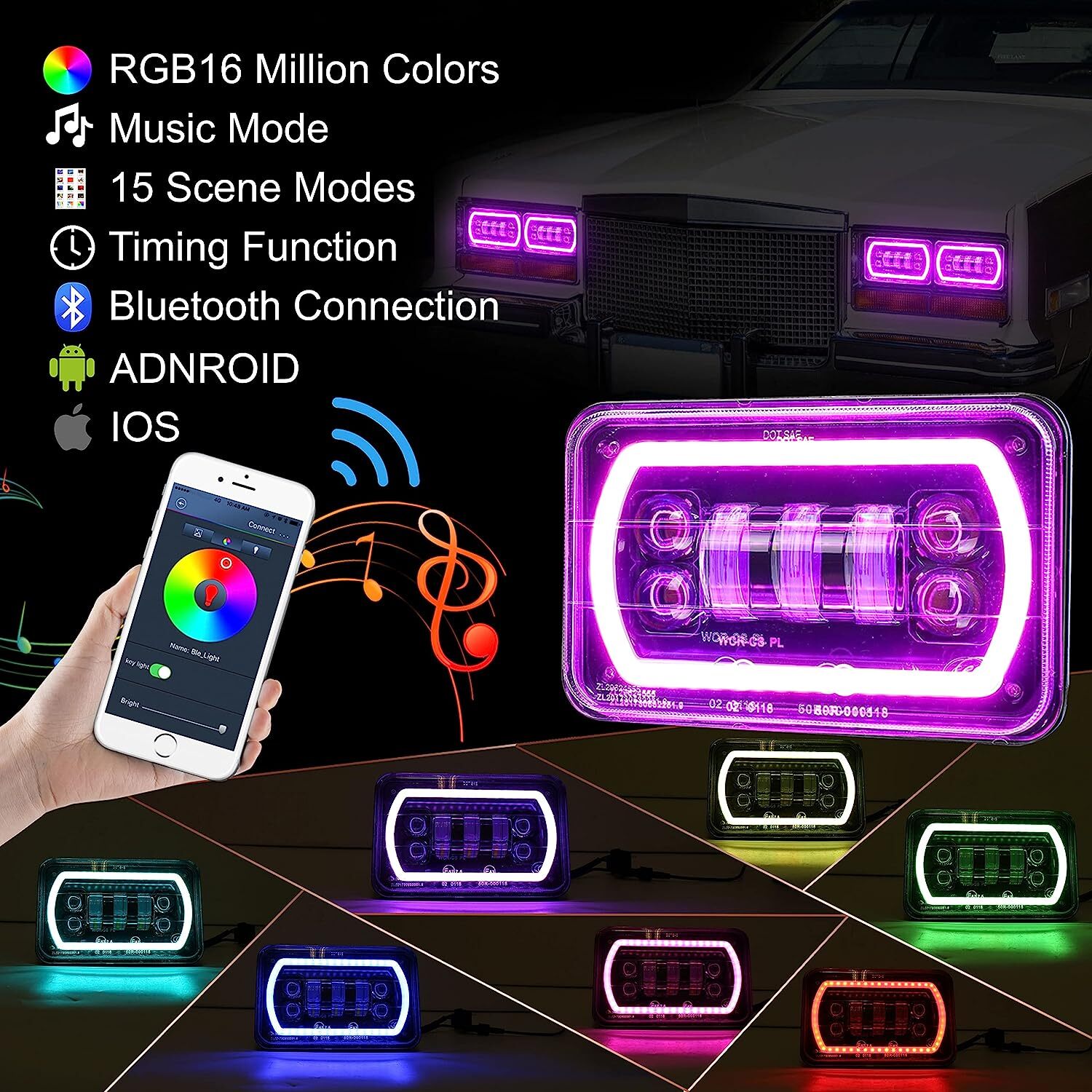 4pc 4×6 RGB LED Headlights Hi/Lo DRL Lamp For Chevrolet Monte Carlo 80-88 Camaro