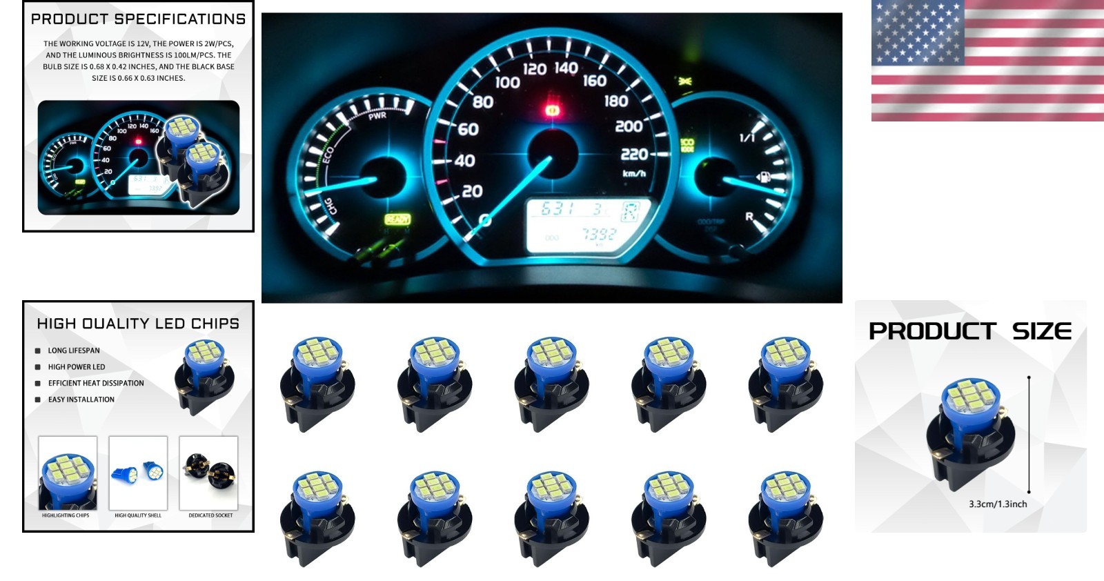 Universal Fit Car LED Instrument Light Bulbs – Ice Blue, 360-Degree Illumination