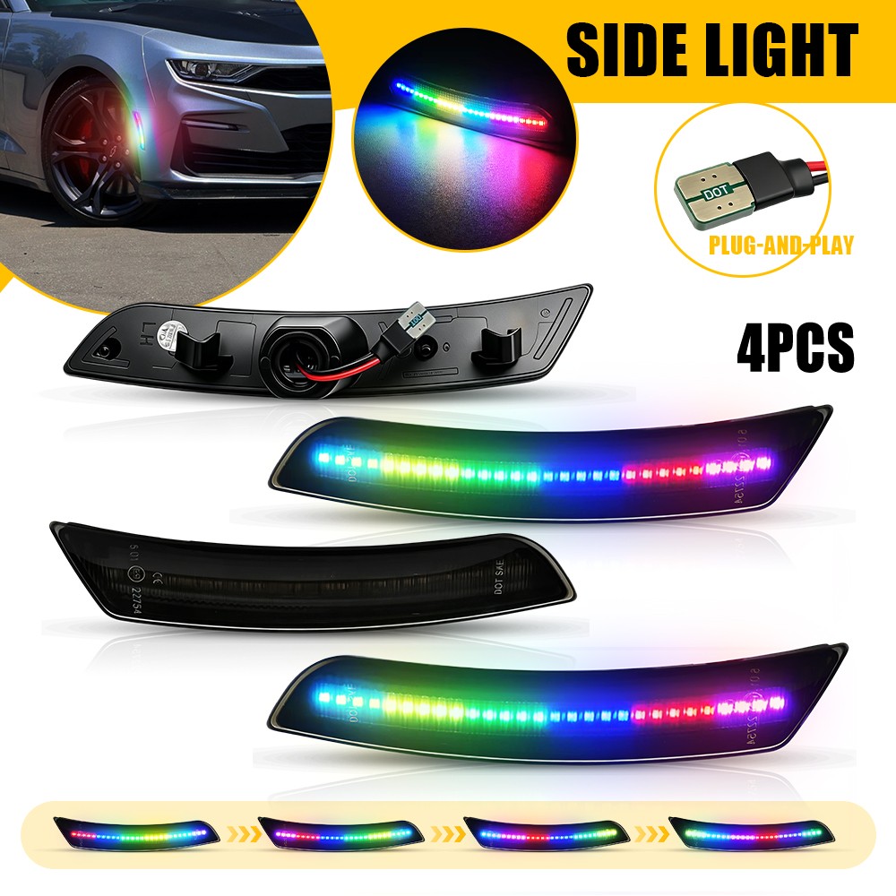 Colorful Flowing Light 4X For Chevy 2016-23 Camaro Smoked LED Side Marker Lights
