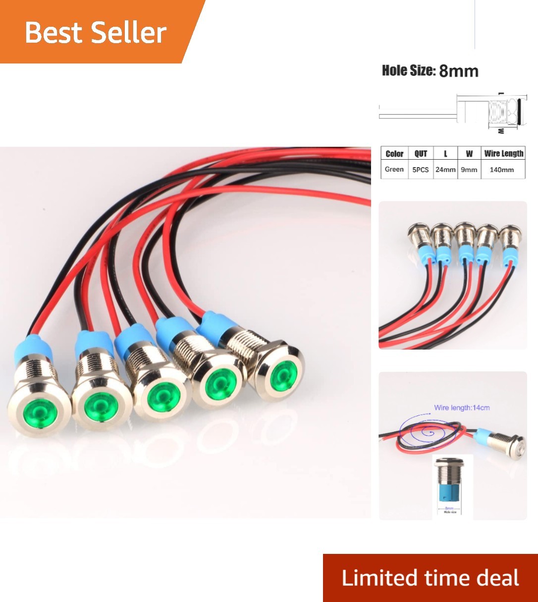 Eco-Friendly 5pcs Stainless Steel LED Indicator Lights – AC/DC 12-24V Green Glow