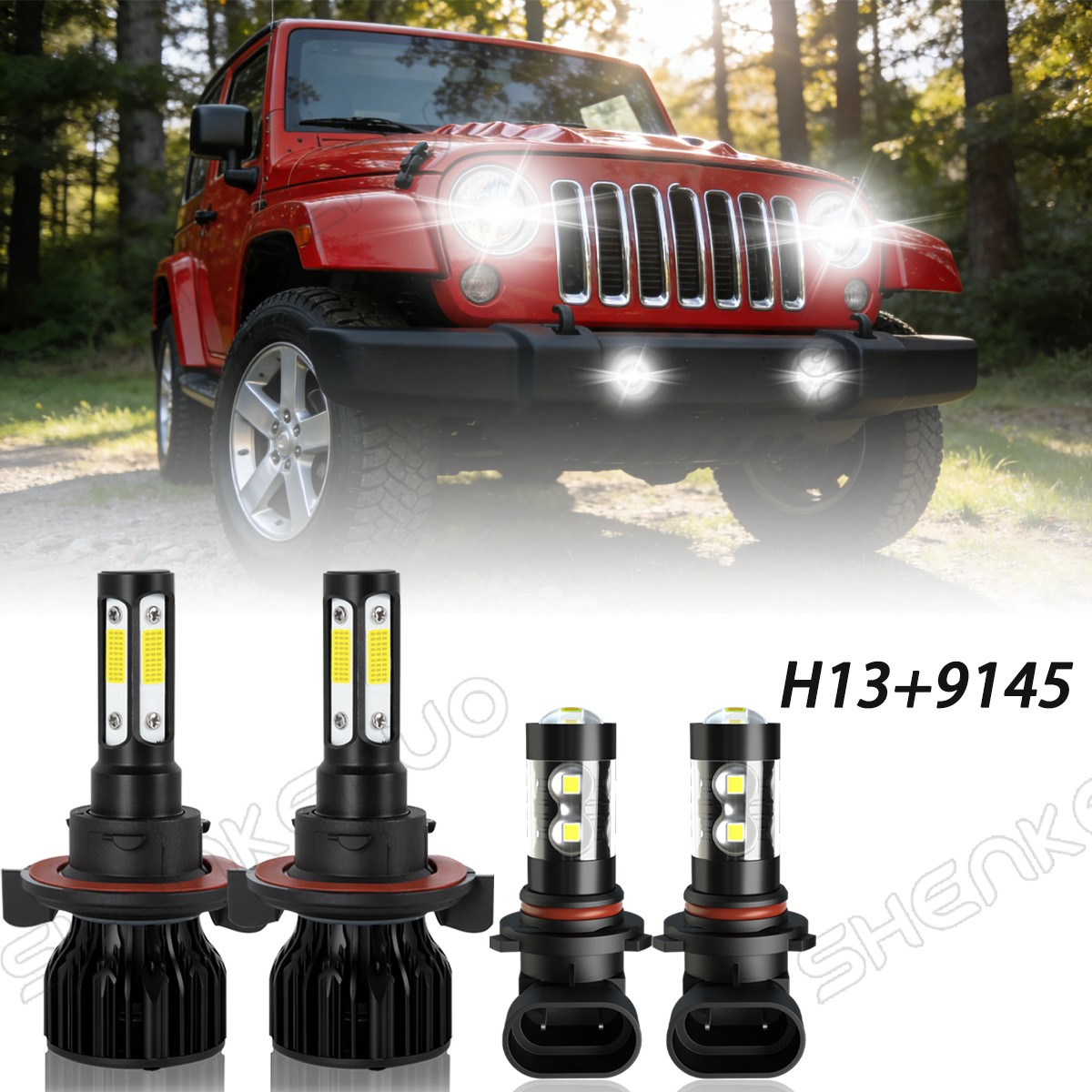For Jeep Wrangler 2007-2009 4Pcs 9008/H13+9145 LED Headlight Bulbs+Fog Light