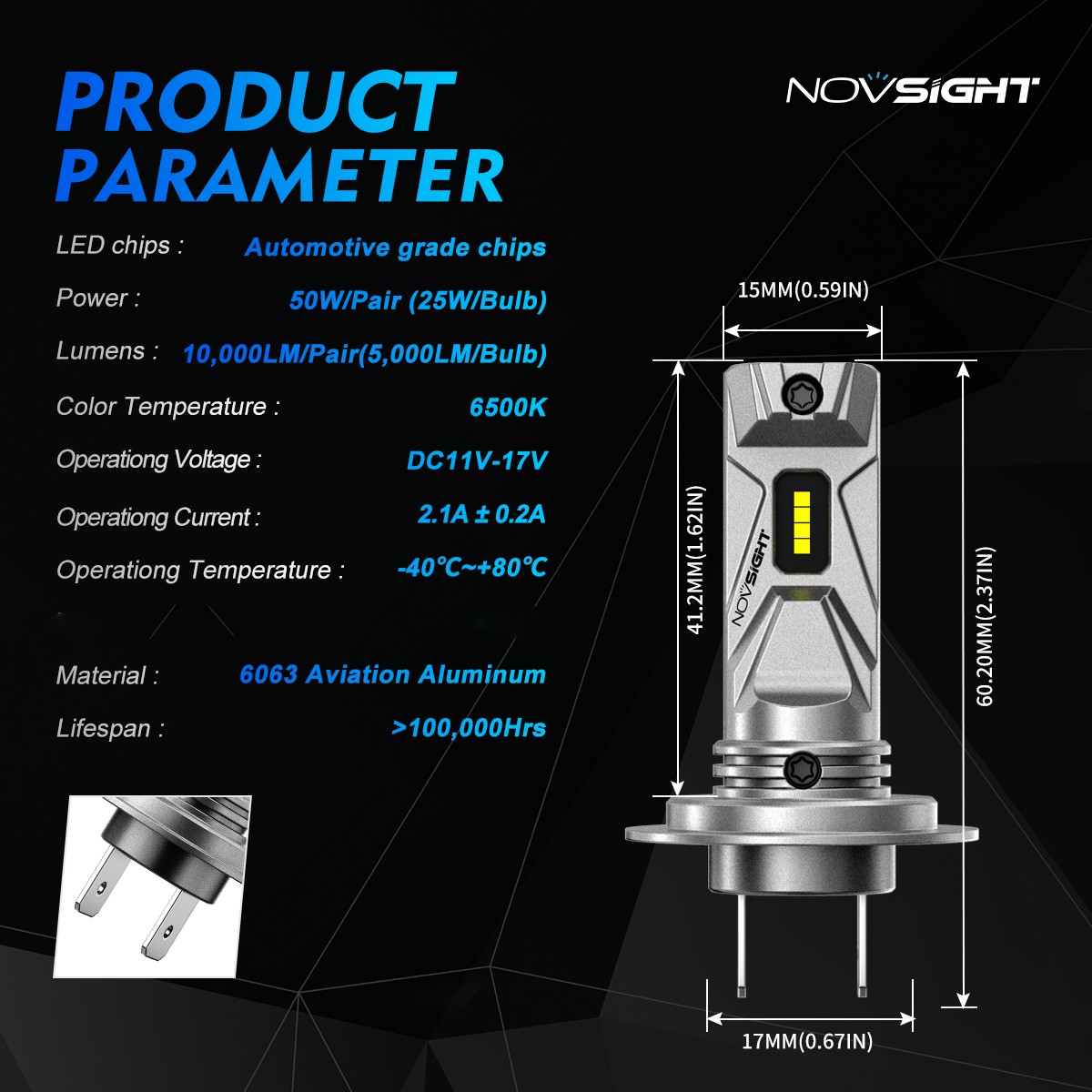 NOVSIGHT H7 LED Headlight Bulbs Kit Hi Lo Beam 1000LM Super Bright 6500K White