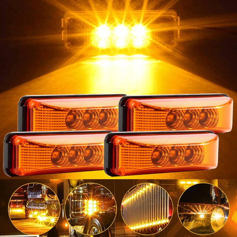 3-LED 4pc Amber Side Marker Lights Clearance Lights Truck Trailer Bright Durable