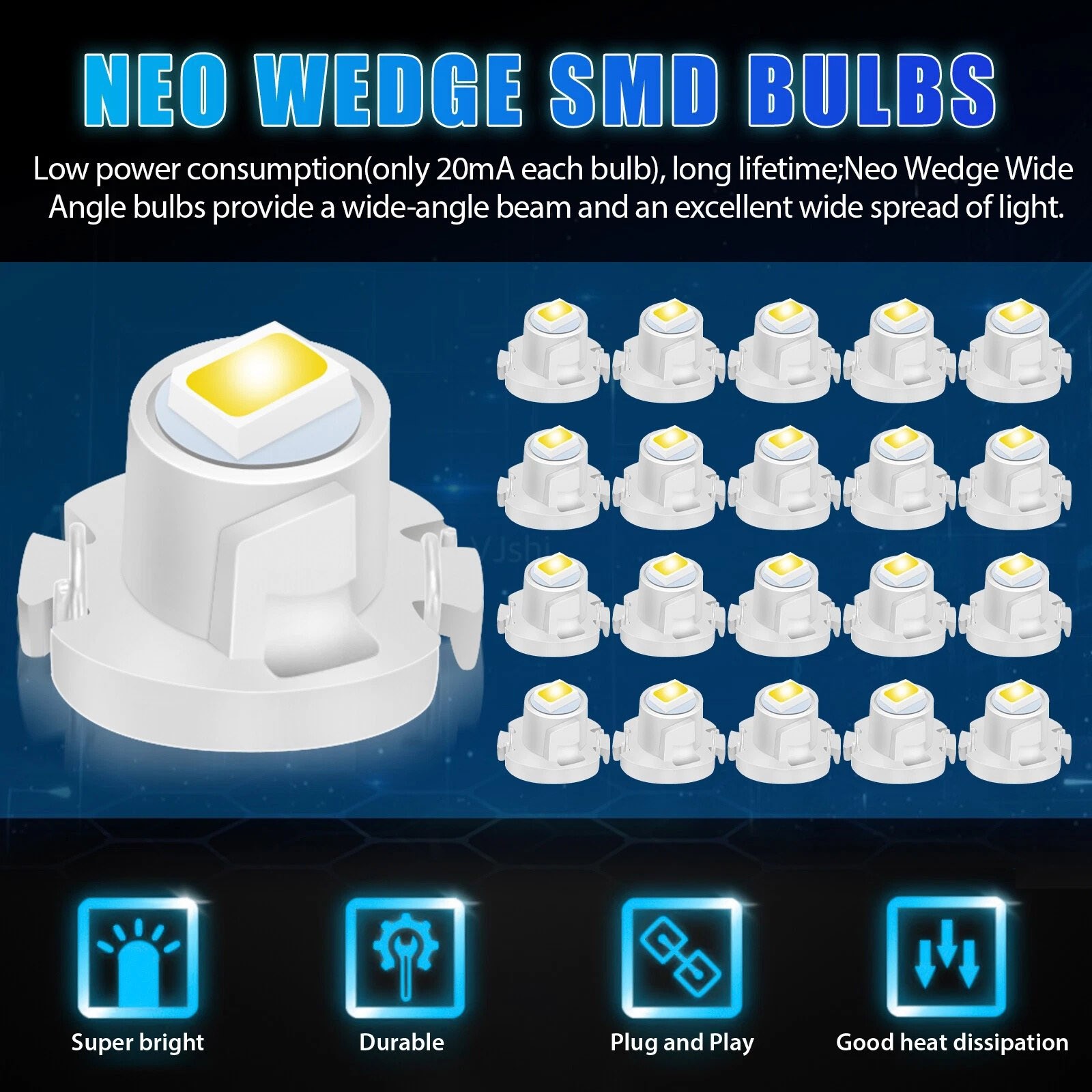 20x 12V DC White T4.2 LED Dash Bulbs for Panel Switch Climate Control Lighting