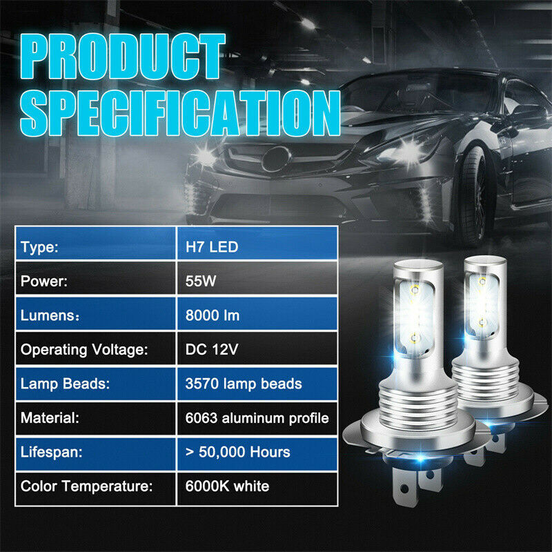 H7 Canbus LED Headlight Bulb High Low Beam Fog Light 100W 10000LM Bright 2pcs