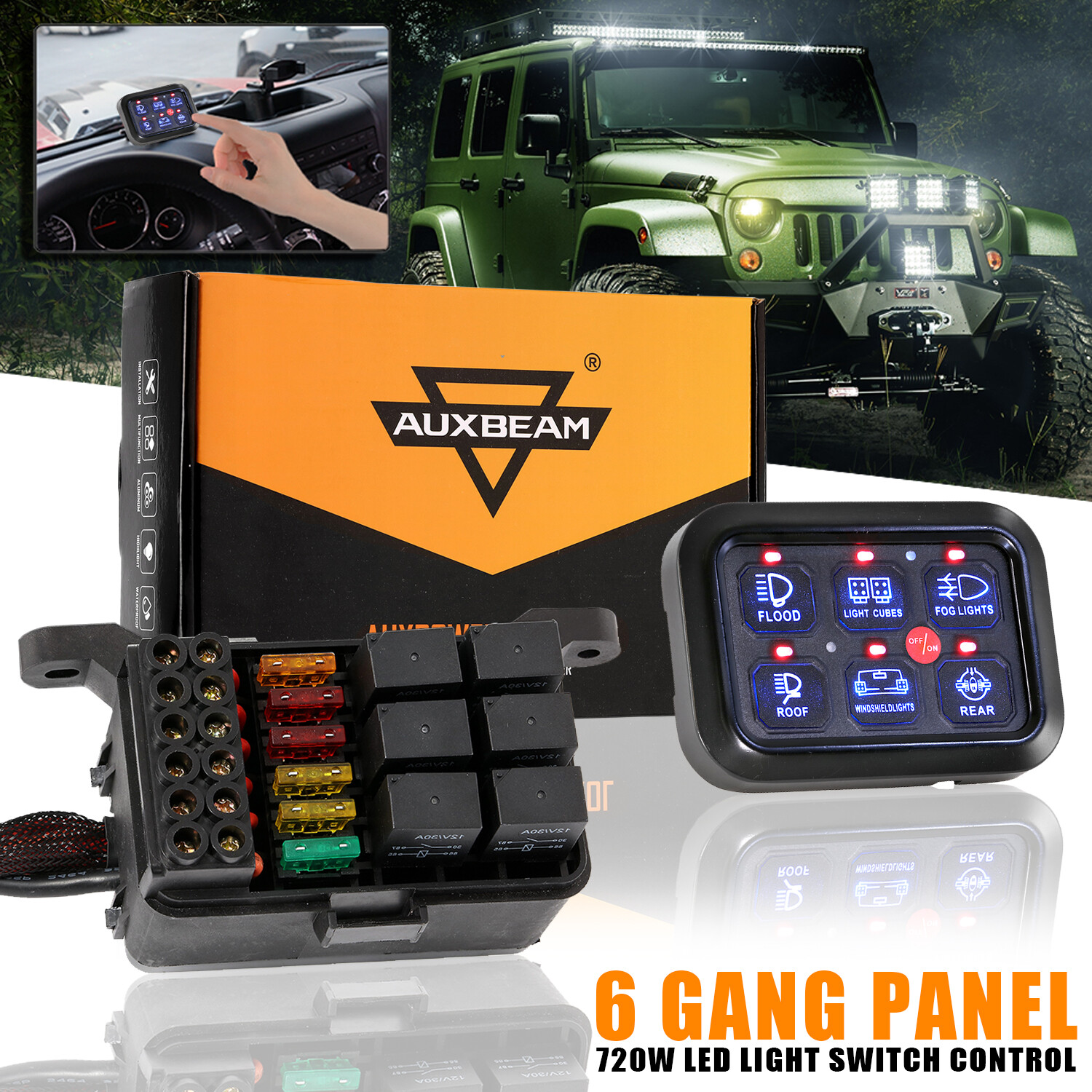 AUXBEAM Pickup 6 Gang 720W LED Work Light Control Switch Panel Relay System Blue