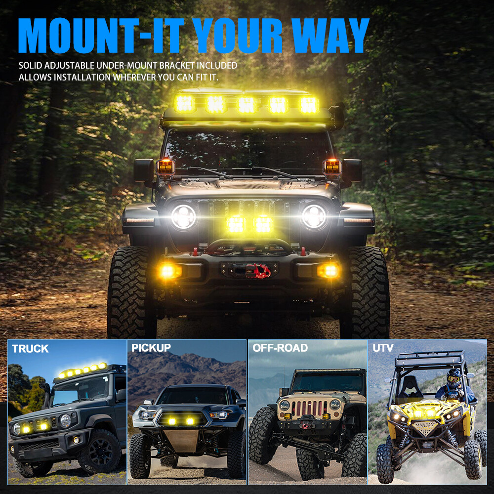 Pair 5″ 30000LM LED Pods Side Shooter White/Amber Beam Pod Lights DRL For Cam-Am