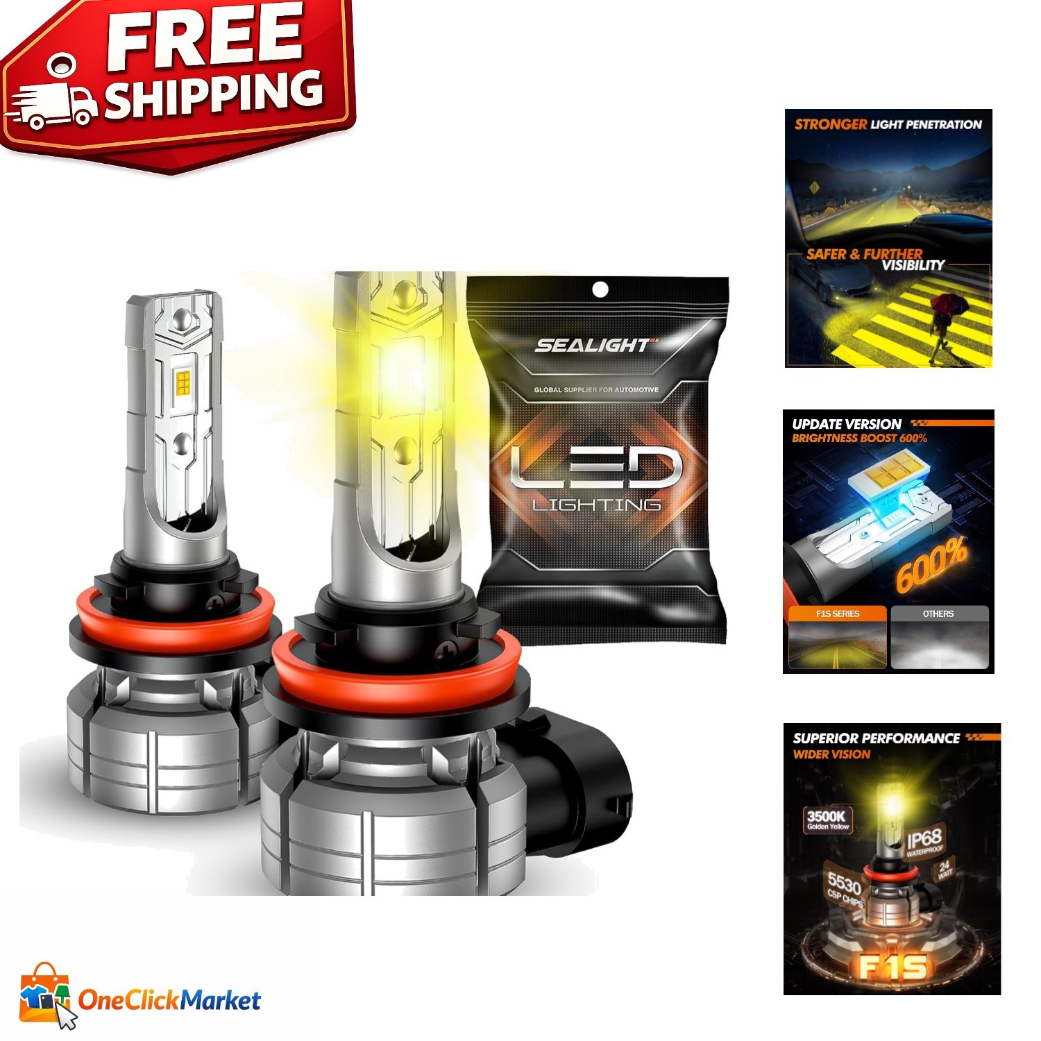 3000K H11 Amber LED Fog Lights – 10000 Lumen Visibility, Easy Install, Pack of 2