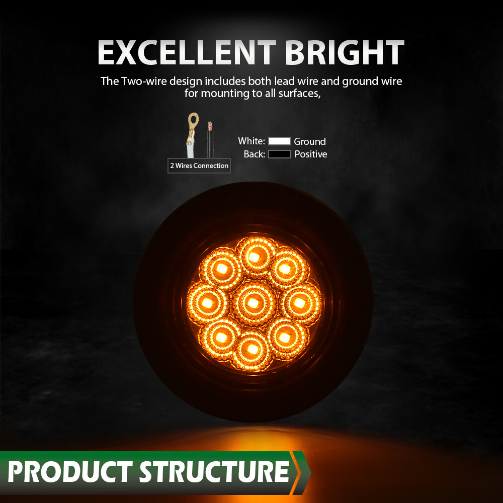 2x Amber 2″ Inch Round 9 LED Side Marker Clearance Lights Truck Trailer Lamp 12V