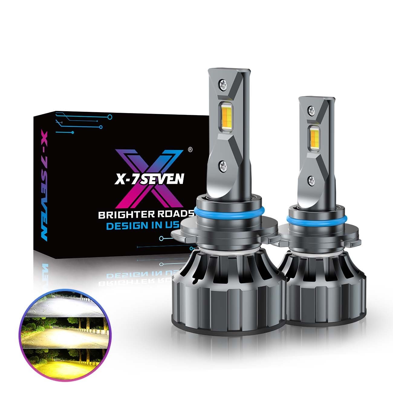 X-7SEVEN 9005 HB3 LED Headlight Bulbs Kit High Beam 3-Color Switch 3000K-6000K