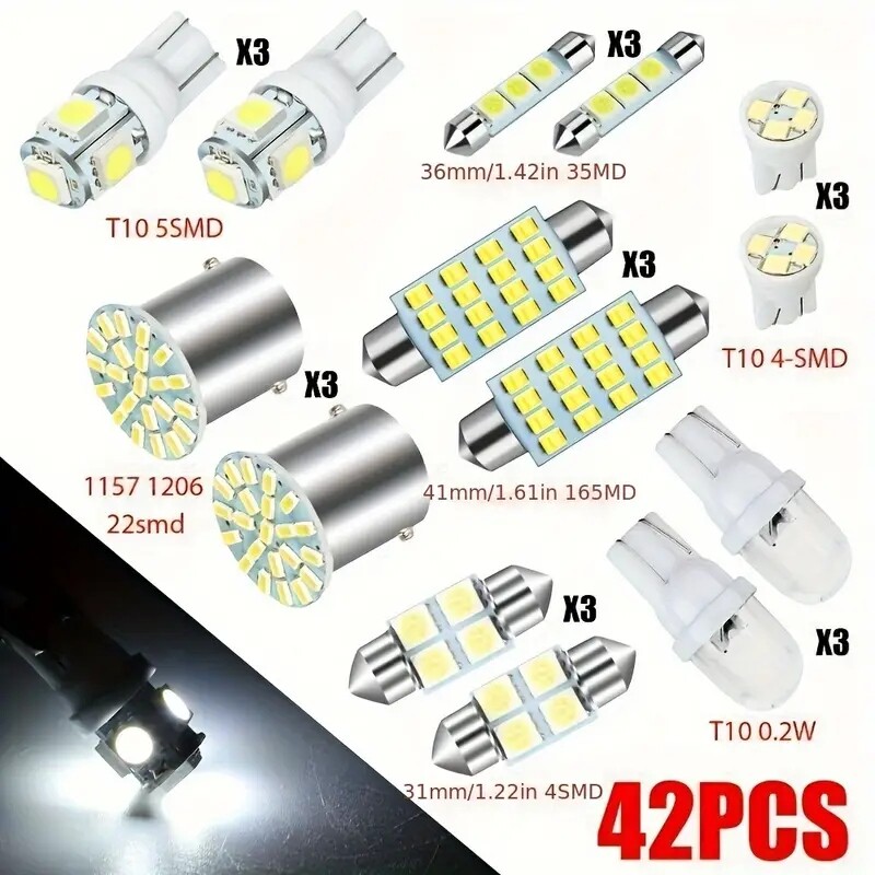 42PCS Car Interior Combo LED Map Dome Door Trunk License Plate Light Bulbs White