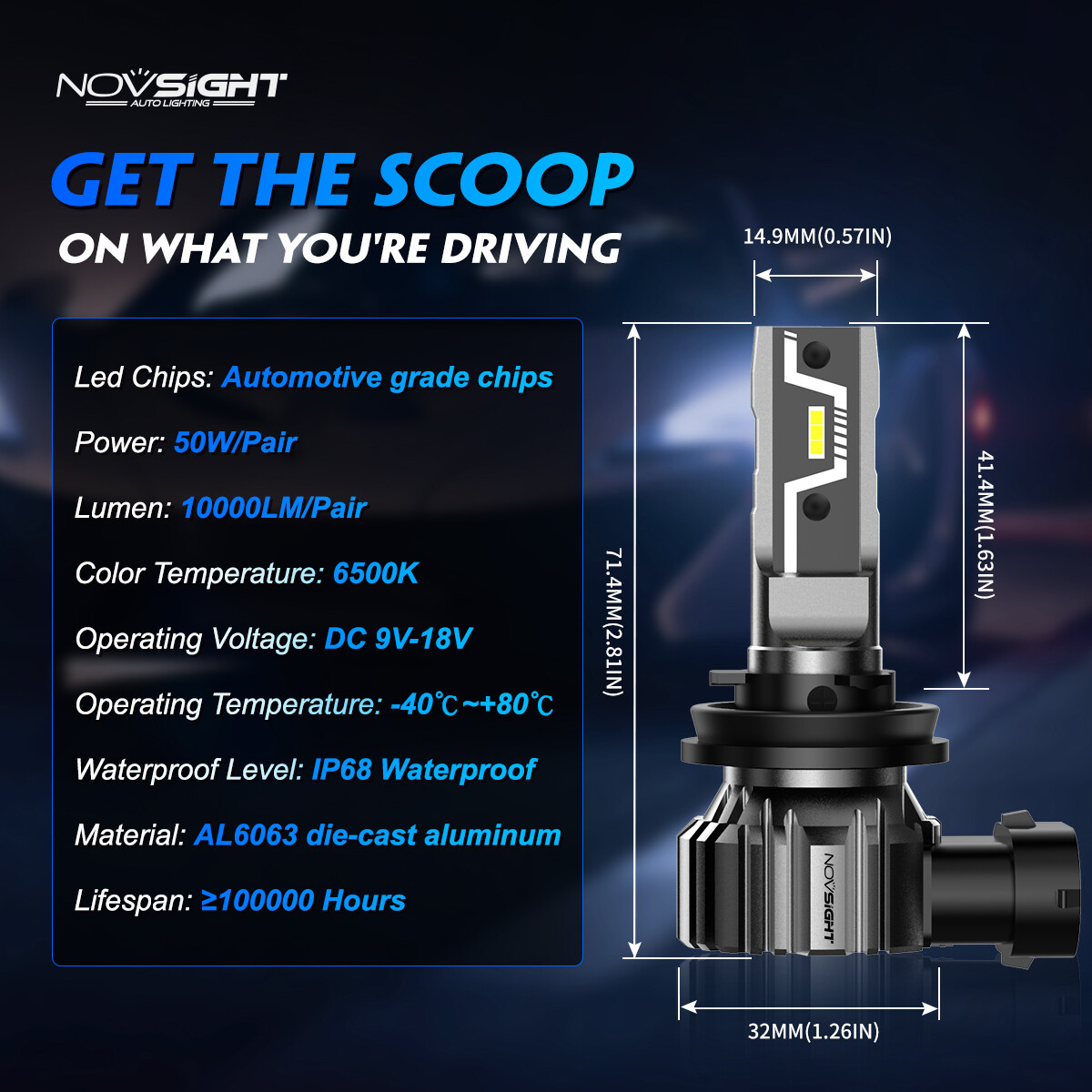 NOVSIGHT 9005/HB3+H11 LED Headlight Bulbs Conversion Bright 6500K 10000LM 4pcs