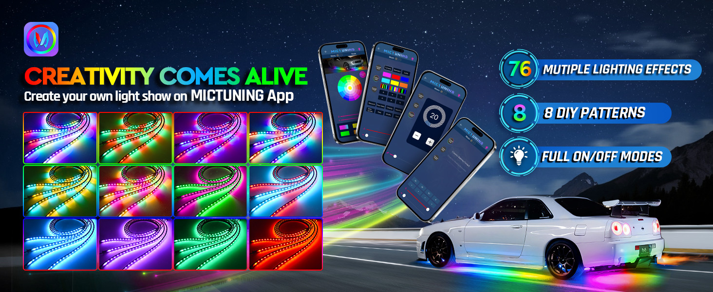 MICTUNING RGB+IC LED Car Underglow Light Kit Chasing Color Underbody Light Strip