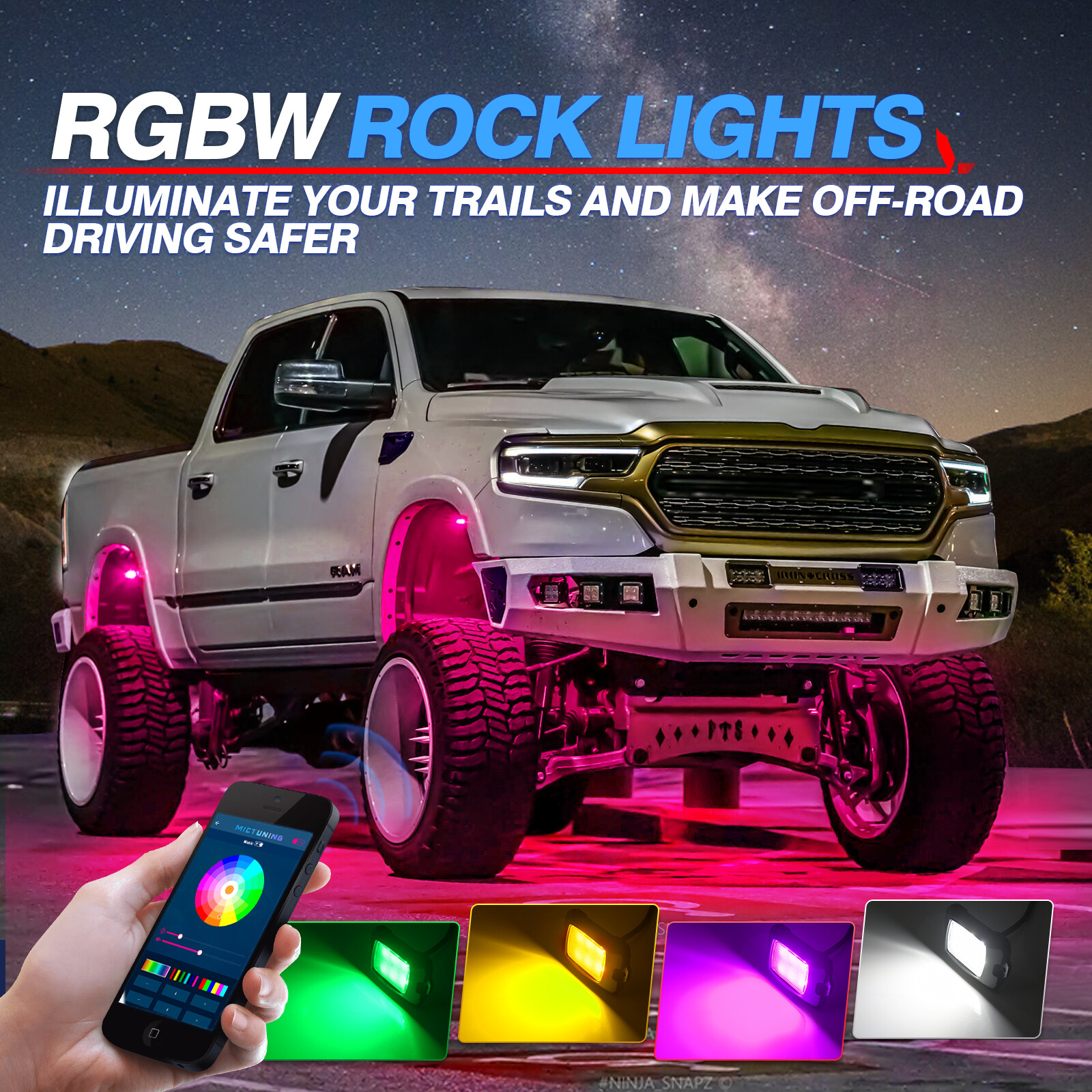 MICTUNING Rock Lights Kit Q1 RGB RGBW LED Off Road Underglow Neon Lamp w/ Remote