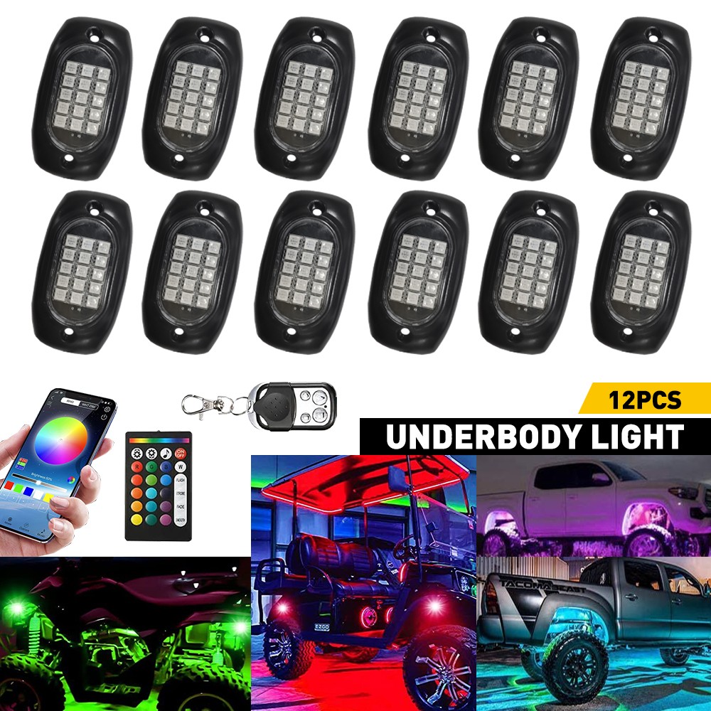 12/2Pods RGB LED Rock Lights Underbody Wireless APP Music Chasing Offroad ATV J