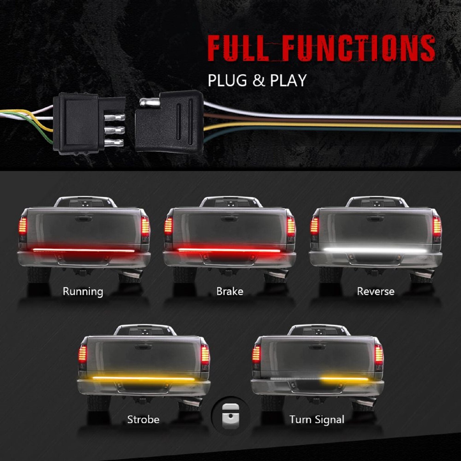 LED Strip Orange 3 Row Tailgate Light G Truck Turn Signal Bed Brake Stop Backup