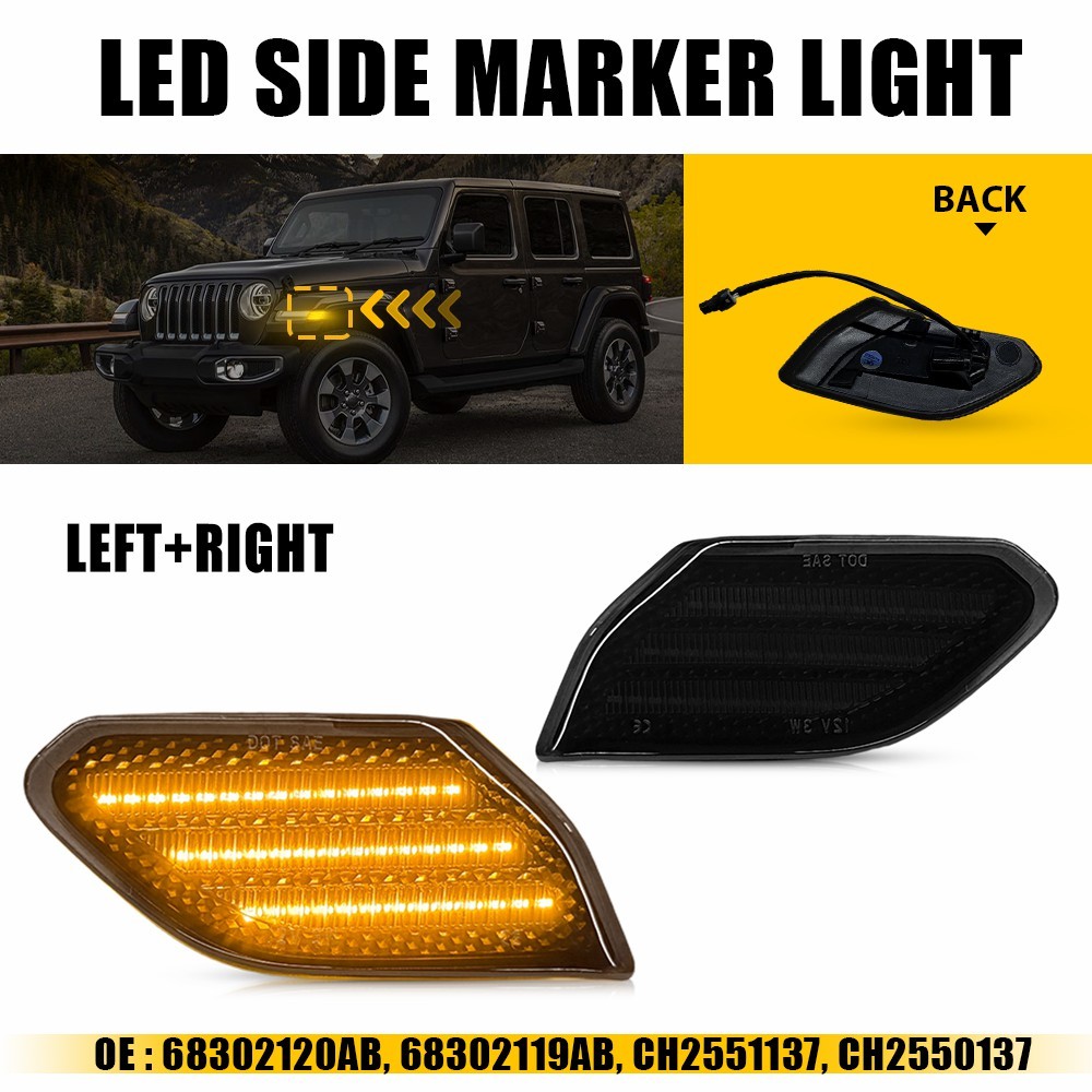 2Pcs Front Left Right Smoked LED Fender Side Marker Lights For 18+ JL / 20+ JT