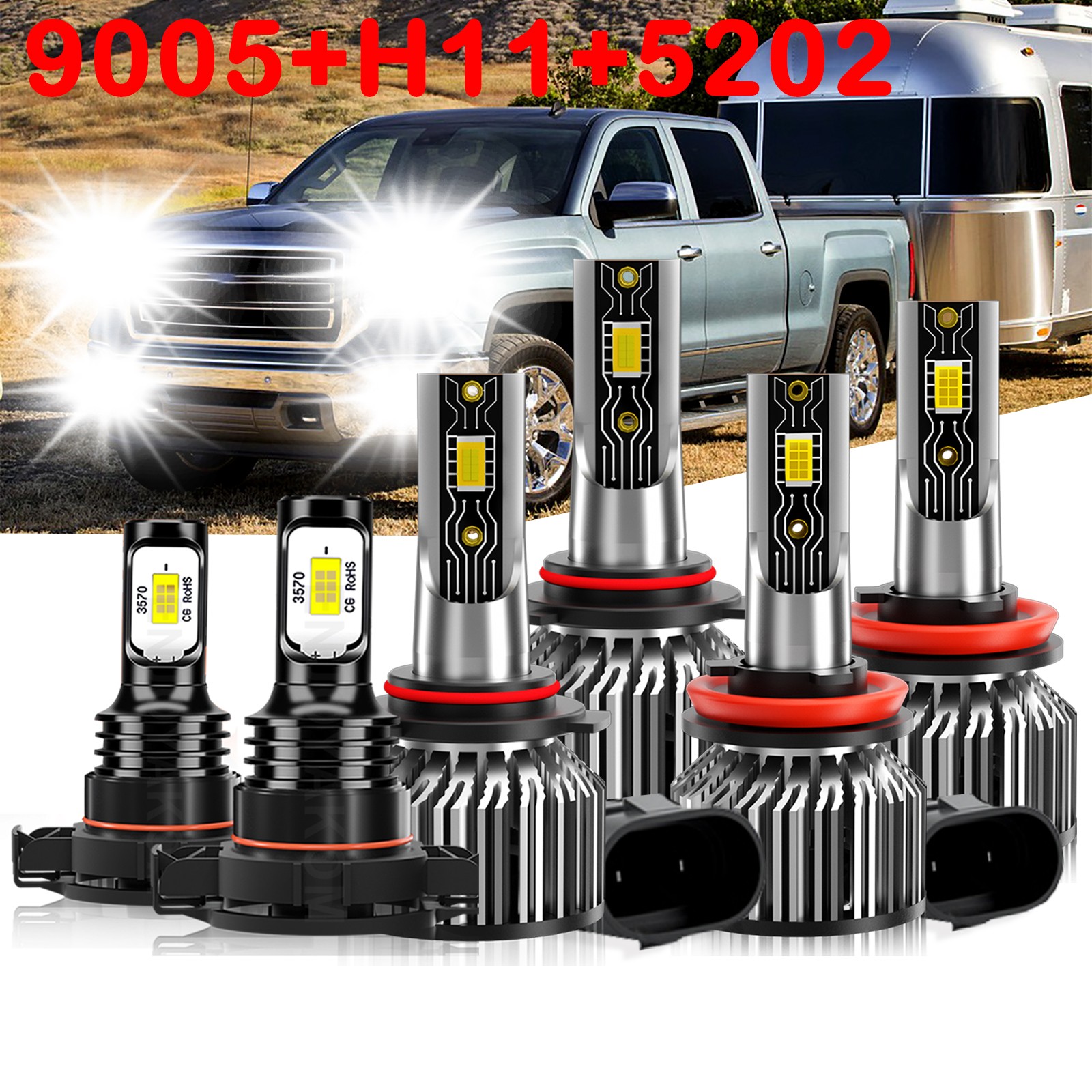 For 2007-2013 GMC Sierra 1500 6x 6500K LED Headlight Hi Lo Fog Light Bulbs Combo