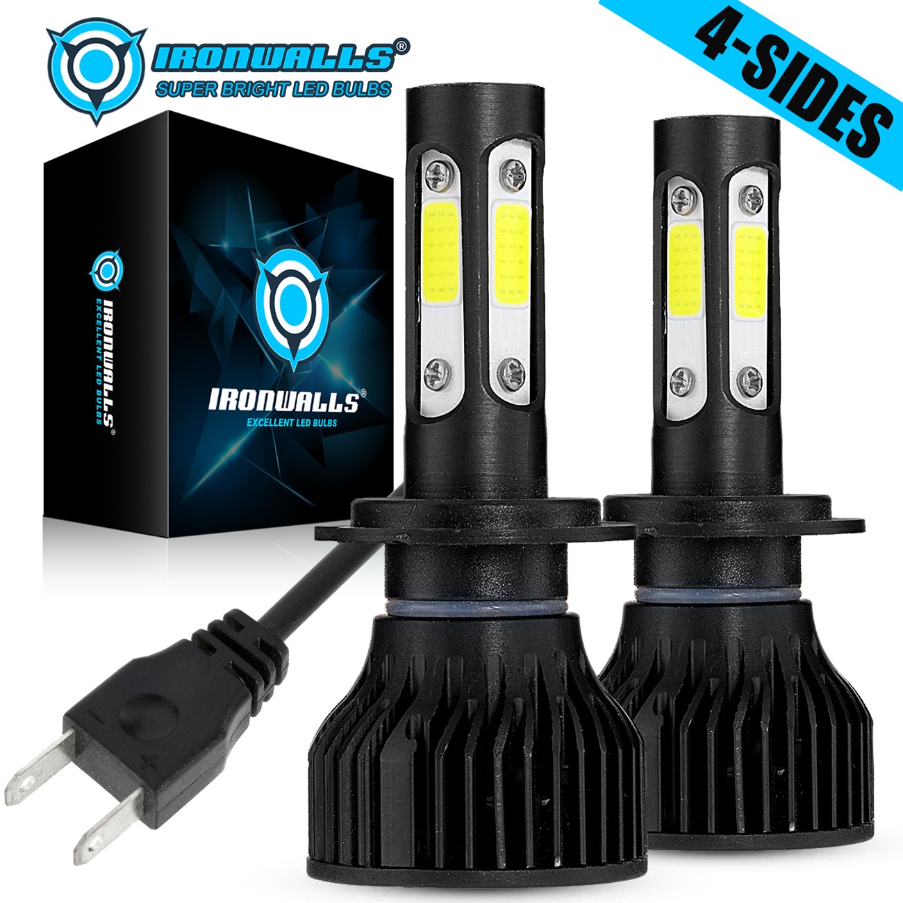 IRONWALLS 4-Sides H7 LED Headlight Bulbs High/Low Beam 6500K Super Bright White