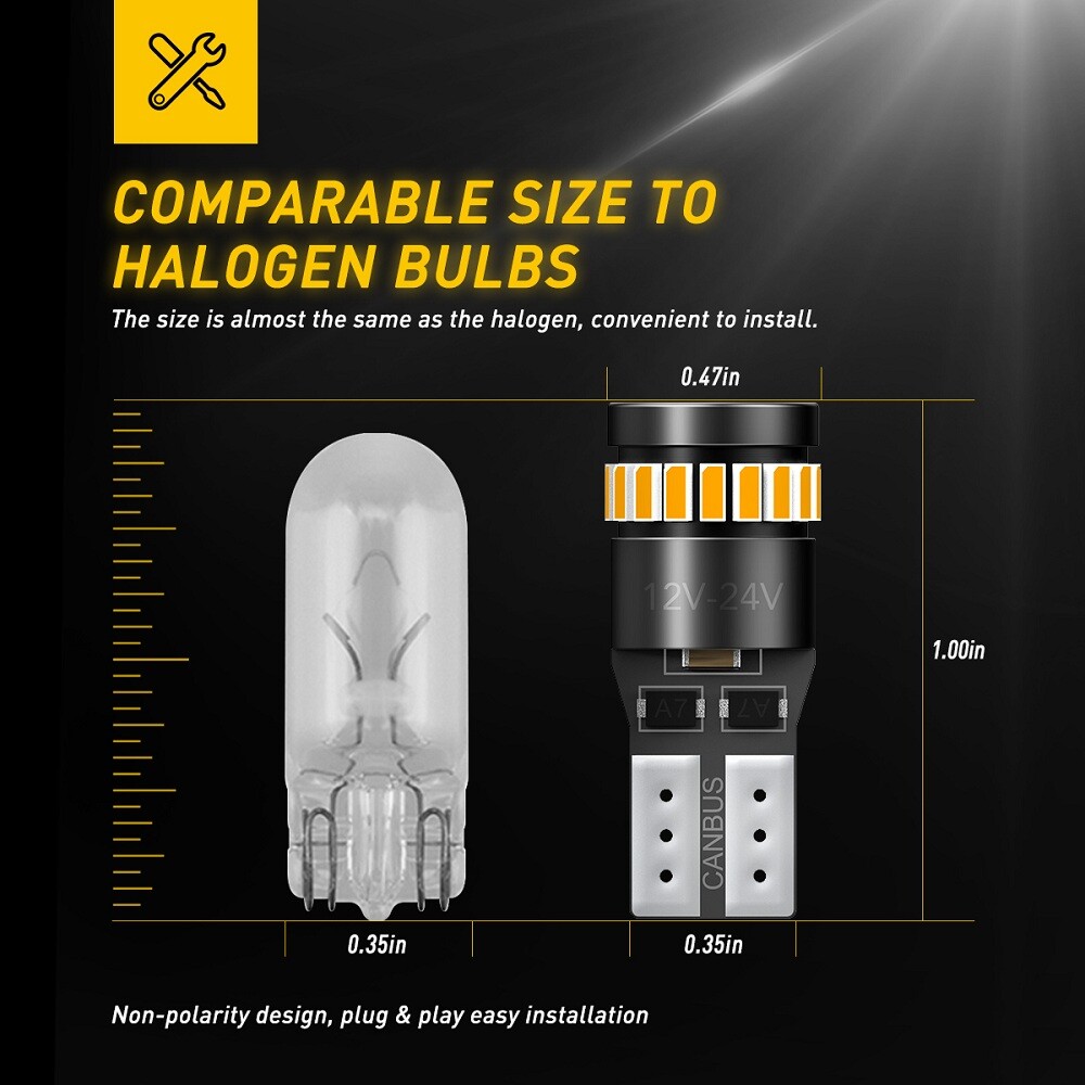 AUXITO T10 168 194 2825 Amber LED License Plate Light Globe Canbus Car Side Bulb