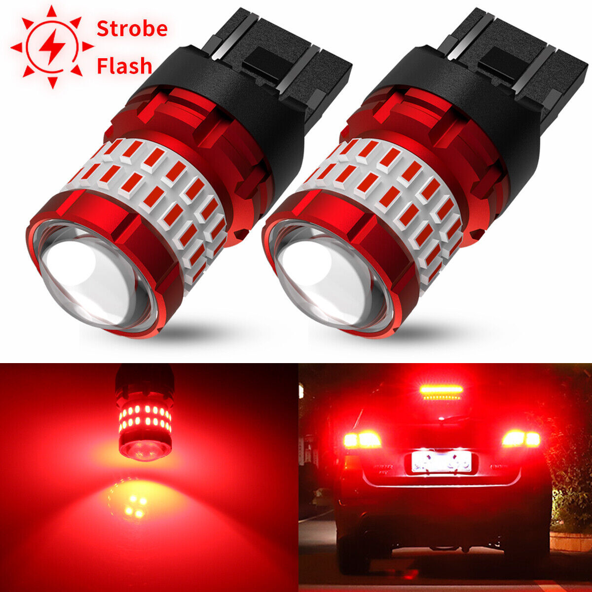 2pcs 7443 7440 7444 T20 LED Red Flash Strobe Bulb for Car Stop Brake Tail Light