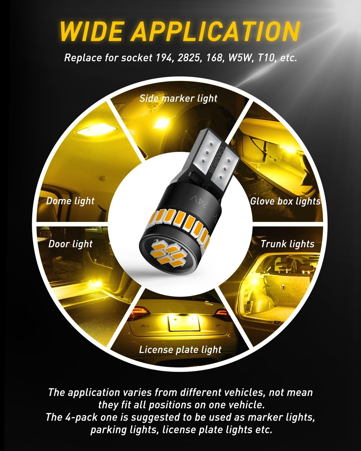 10/20/30X 194 2825 T10 LED Light Bulb Dome Map License Plate Lights Amber Yellow