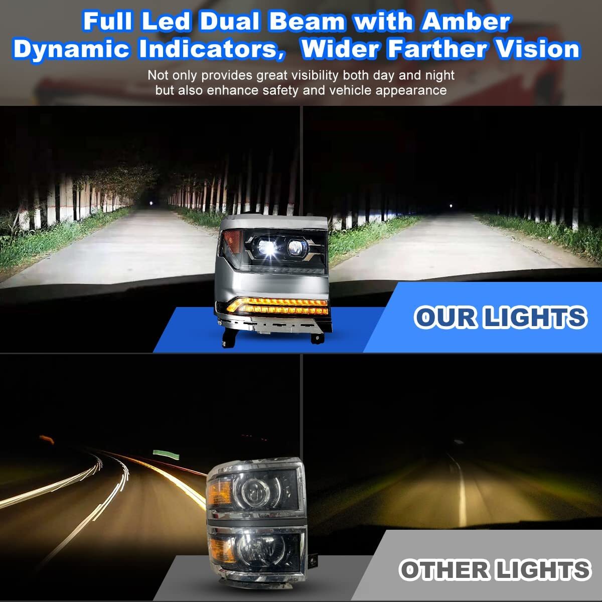 For 2016-2019 Chevy Silverado 1500 LED Headlights Chrome Trim Projector Headlamp