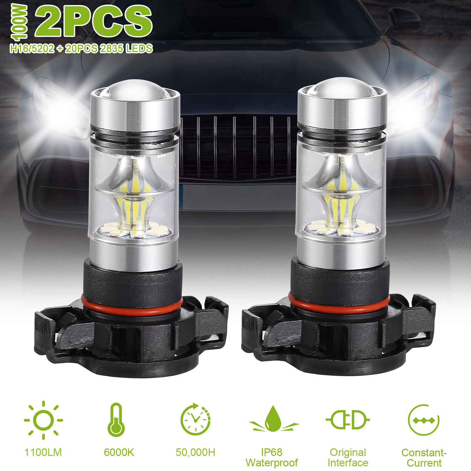 2x 100W 5202 H16 LED Fog Driving Light DRL Super Bright Waterproof 6000K White