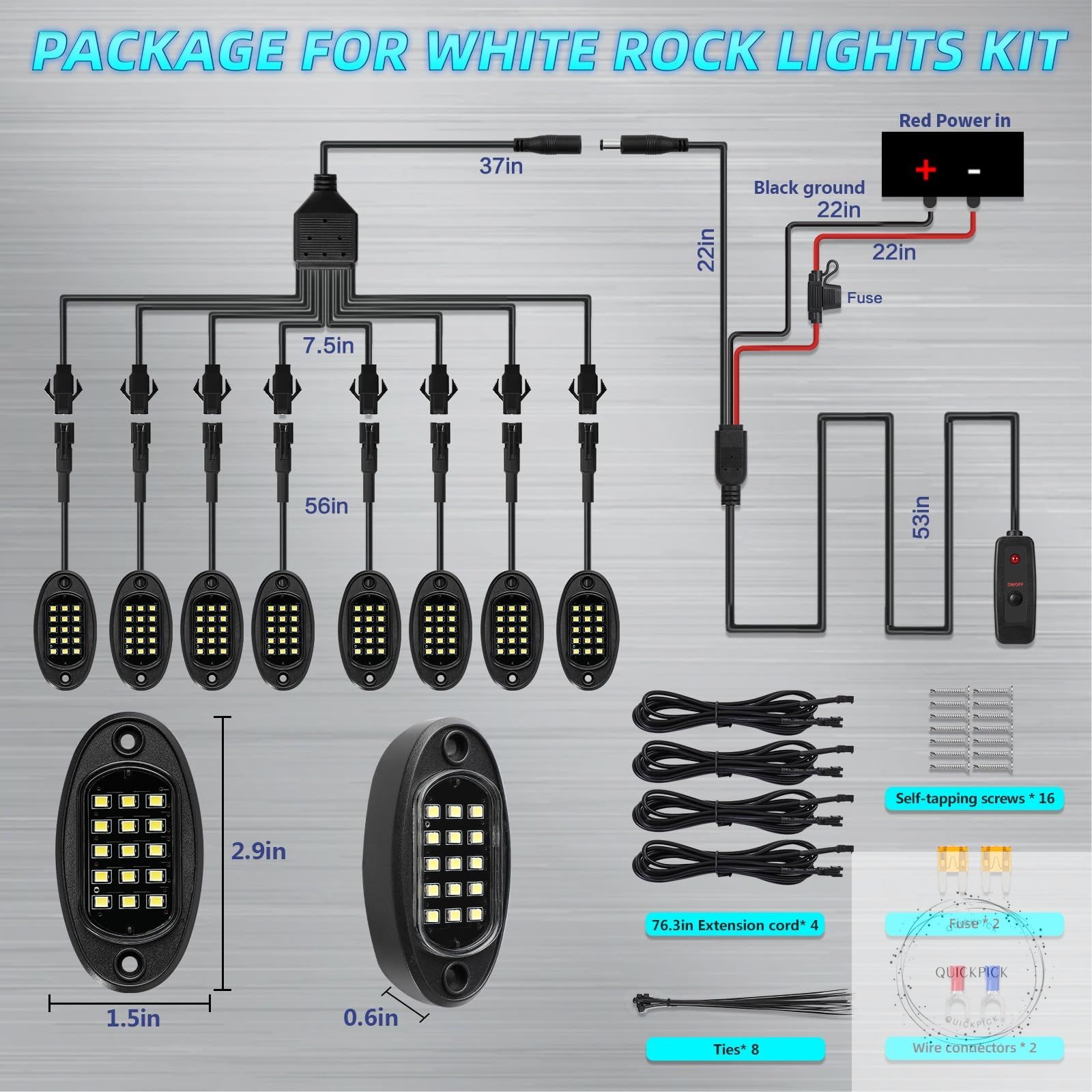 8Piece Bright Pure White LED Rock Lights Kit 6500K with Wiring Harness Power Kil