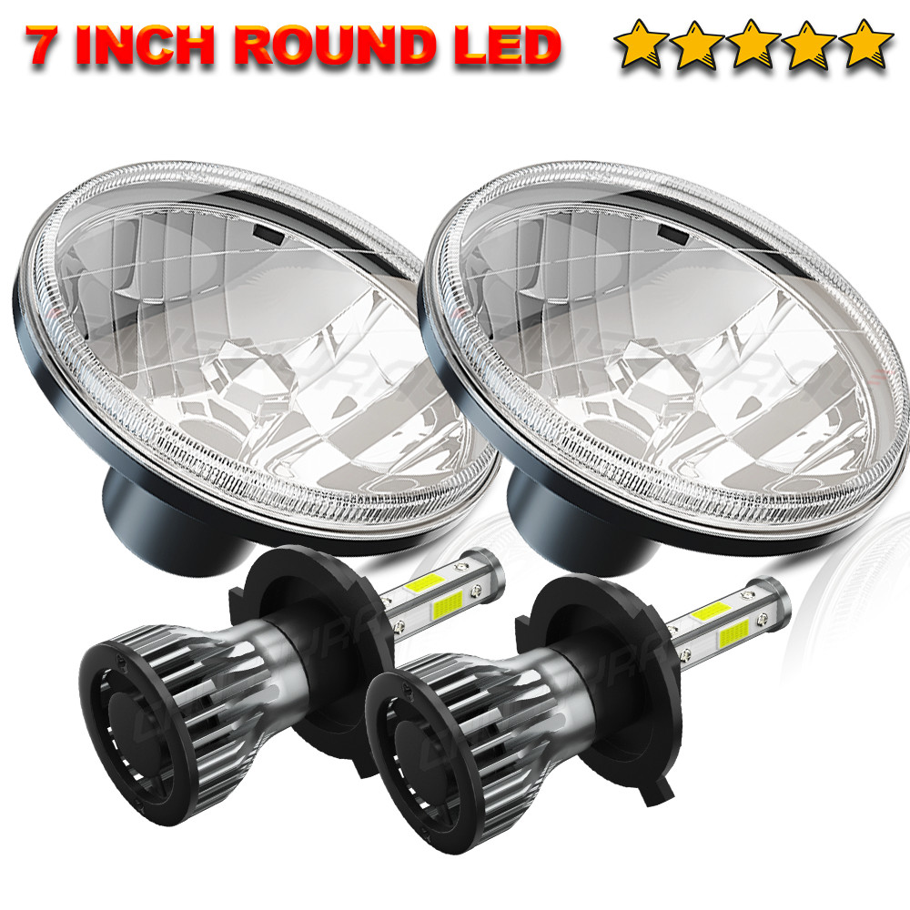 2Pc 7″ inch Black Round LED DRL Headlight Hi-Lo Beam For Peterbilt 379 359 Truck
