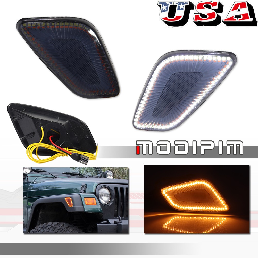 Smoke LED Front DRL / Side Marker Turn Signal Lights For 1997-2006 Jeep Wrangler