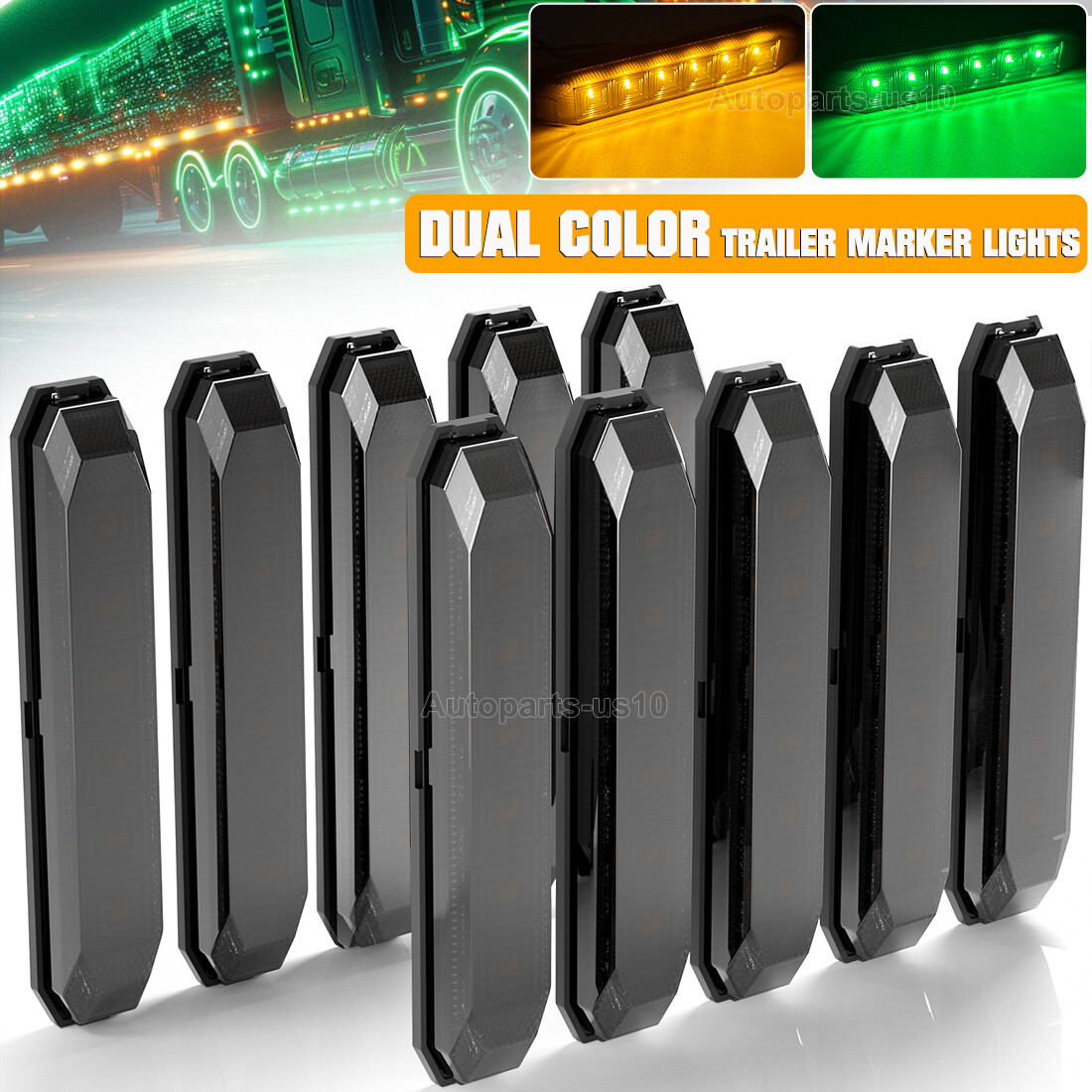 10x 4.7″ LED Side Marker Lights Strip Smoked Amber Green Dual Color Clearance
