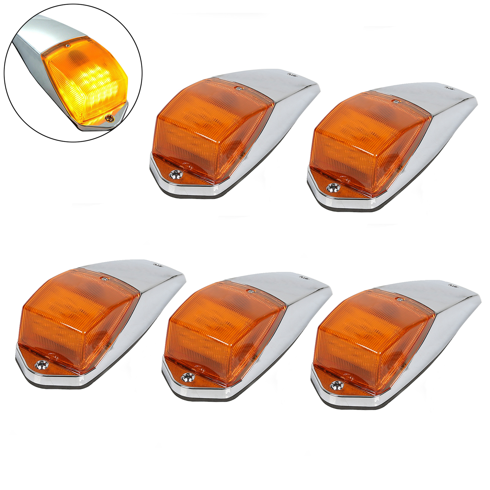 5 Cab Marker Lights Roof 31 LED Amber Chrome For Peterbilt Kenworth Freightliner