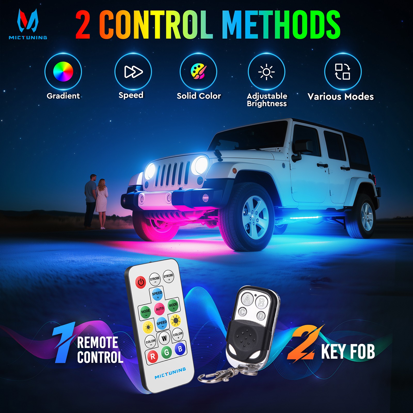 8Pcs RGB+IC Underglow LED Light Bar Car Exterior Neon Kit Underbody Light Strip