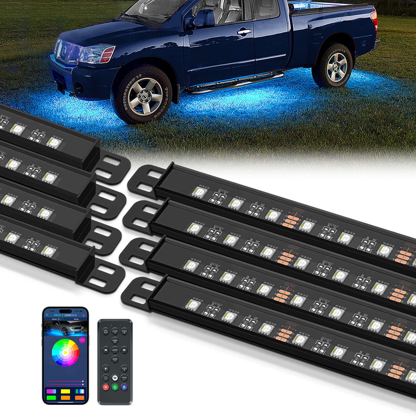MICTUNING 8x Car RGBW LED Underglow Lights Aluminum Underbody RGB Lamp Strip Kit