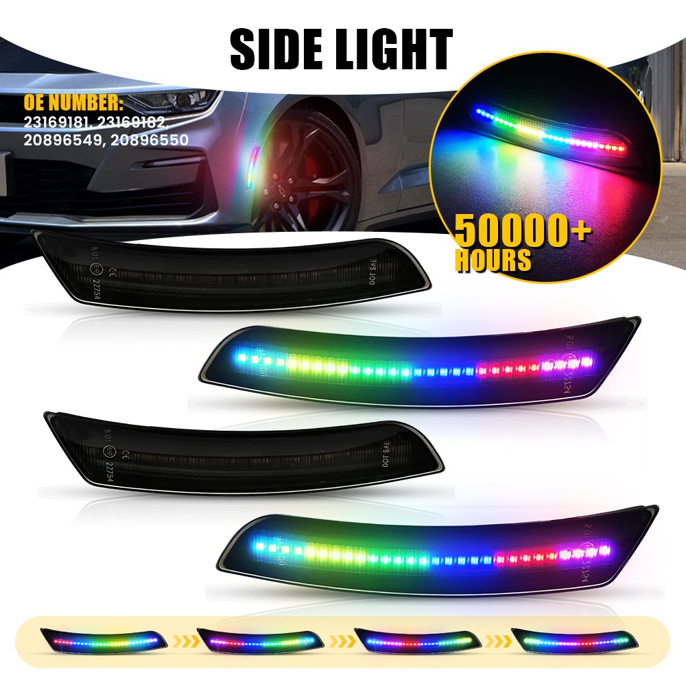 Colorful Flowing Light 4X For Chevy 2016-23 Camaro Smoked LED Side Marker Lights